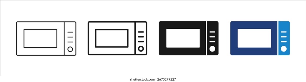 Microwave oven icon set with editable stroke in outline, flat, solid. Vector.