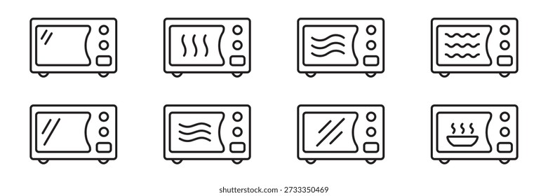 Ícone de forno de micro-ondas ajustado. Linha de ícones de micro-ondas.
