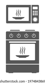 Microwave oven icon with steam and plate isolated on white background. Modern electric oven.