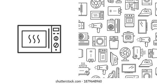 Microwave oven icon and vector seamless pattern with household appliances. Line style icons isolated on white background