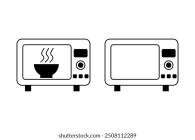 Iconos del horno de microondas. Cuenco con ilustración de vapor. Vector blanco y negro. Símbolo de electrodoméstico de cocina simple.