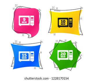 Microwave oven icons. Cook in electric stove symbols. Heat 9, 10, 15 and 20 minutes signs. Geometric colorful tags. Banners with flat icons. Trendy design. Vector