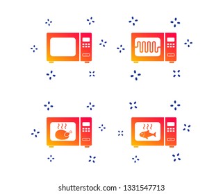 Microwave oven icons. Cook in electric stove symbols. Grill chicken and fish signs. Random dynamic shapes. Gradient microwave icon. Vector