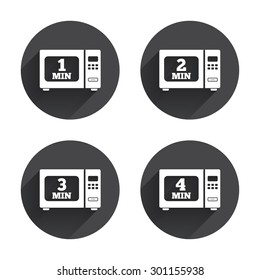 Microwave oven icons. Cook in electric stove symbols. Heat 1, 2, 3 and 4 minutes signs. Circles buttons with long flat shadow. Vector