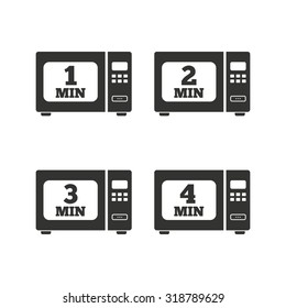 Microwave oven icons. Cook in electric stove symbols. Heat 1, 2, 3 and 4 minutes signs. Flat icons on white. Vector