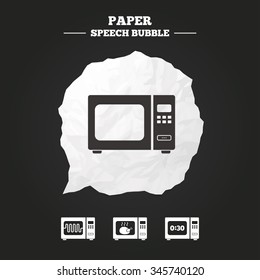 Microwave oven icons. Cook in electric stove symbols. Grill chicken with timer signs. Paper speech bubble with icon.