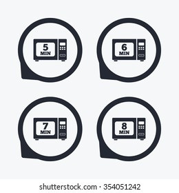 Microwave oven icons. Cook in electric stove symbols. Heat 5, 6, 7 and 8 minutes signs. Flat icon pointers.