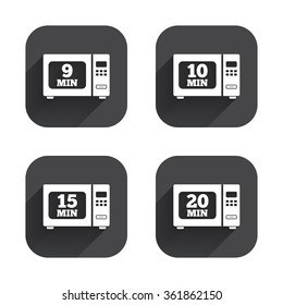Microwave oven icons. Cook in electric stove symbols. Heat 9, 10, 15 and 20 minutes signs. Square flat buttons with long shadow.