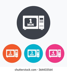 Microwave oven icons. Cook in electric stove symbols. Heat 1, 2, 3 and 4 minutes signs. Circle flat buttons with icon.