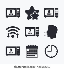 Microwave oven icons. Cook in electric stove symbols. Heat 5, 6, 7 and 8 minutes signs. Wifi internet, favorite stars, calendar and clock. Talking head. Vector