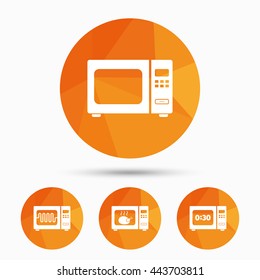 Microwave oven icons. Cook in electric stove symbols. Grill chicken with timer signs. Triangular low poly buttons with shadow. Vector