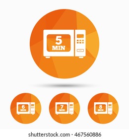 Microwave oven icons. Cook in electric stove symbols. Heat 5, 6, 7 and 8 minutes signs. Triangular low poly buttons with shadow. Vector