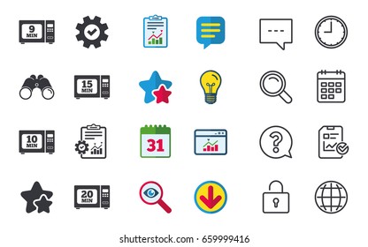Microwave oven icons. Cook in electric stove symbols. Heat 9, 10, 15 and 20 minutes signs. Chat, Report and Calendar signs. Stars, Statistics and Download icons. Question, Clock and Globe. Vector