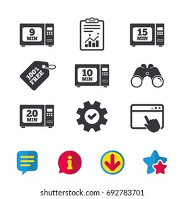 Microwave oven icons. Cook in electric stove symbols. Heat 9, 10, 15 and 20 minutes signs. Browser window, Report and Service signs. Binoculars, Information and Download icons. Stars and Chat. Vector