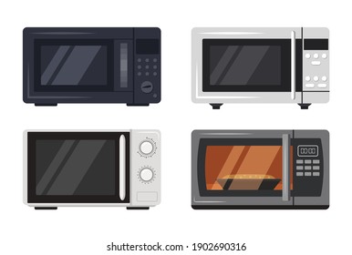 Iconos del horno de microondas listos. Vista frontal de los aparatos de cocina. Ilustración de color plano vectorial aislada en fondo blanco