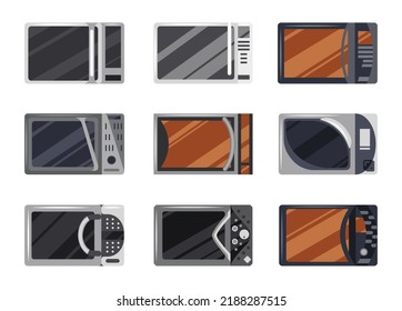 Microwave oven icons set. Front view of kitchen appliances. Stylish kitchenware. Cooking equipment, electrical technology isolated on white background
