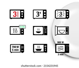 Iconos del horno de microondas listos. Ilustración vectorial fondo blanco listo para su diseño. Perfecto para las instrucciones de cocción y preparación. EPS10.	