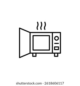Ilustração de forno de micro-ondas com porta aberta e vapor de conteúdo quente