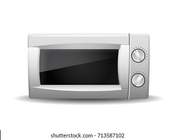 Microwave oven isolated on white background. Front view of white microwave. Modern, realistic vector illustration of home kitchen appliances.