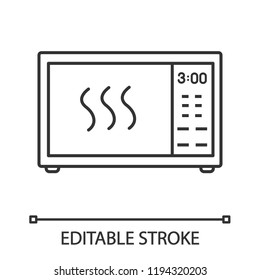 Icono lineal del horno microondas. Horno eléctrico. Ilustración de línea delgada. Calefacción y preparación de alimentos. Aparato de cocina. Símbolo de contorno. Dibujo de contorno aislado del vector. Trazo editable