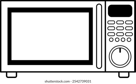 Forno de micro-ondas Eletrodomésticos modernos. Ilustração vetorial em preto e branco.