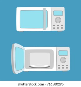 Microwave oven with open and closed door. MIcrowave oven in flat style. Vector illustration.