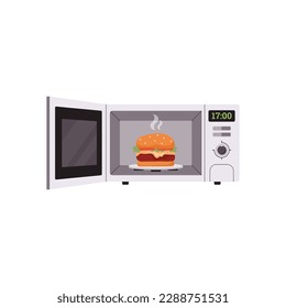 Horno de microondas con calefacción de puertas abiertas, ilustración vectorial plana aislada sobre fondo blanco. Cocina rápida y calefacción con horno microondas de cocina.