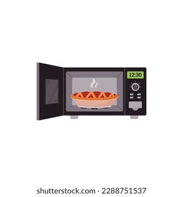 Microwave oven with open door and ready food, flat vector illustration isolated on white background. Kitchen microwave oven device with freshly cooked hot meal.