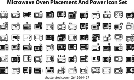Microwave oven Placement and Power Icon Set.eps, sketches, logo illustrations, web symbols, outline style pictograms package isolated on white background. Vector graphics. stock illustration