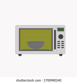 A microwave oven with a plate inside warms the food. Vector illustration.