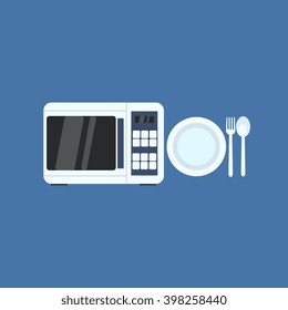 Microwave Oven And Plate Primitive Graphic Style Flat Vector Icon On Blue Background