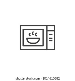 Microwave oven with plate of soup line icon, outline vector sign, linear style pictogram isolated on white. Symbol, logo illustration. Editable stroke