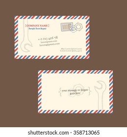 Microwave oven repair. Business card vector template, styled as a vintage envelope with postage stamp. Hand drawn, pen ink. Also suitable for flyer, banner, advertisement, promotion