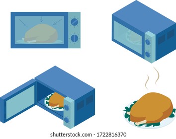 horno microondas con pollo asado en el interior, con puerta abierta y puerta cerrada.Ilustración del conjunto de vectores. Encienda, abra, con plato, pollo preparado.