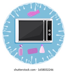 Microwave oven with rubber gloves and vials for disinfection. Destruction of a bacterium virus.