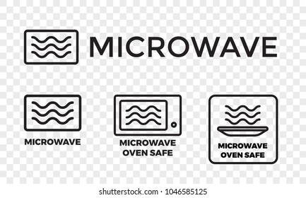 Microwave oven safe icon templates set. Vector isolated line symbols or labels for plastic dish food cookware suitable for safe warming and cooking in microwave oven isolated on white background