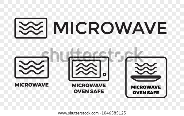 Microwave oven safe icon templates set. Vector
isolated line symbols or labels for plastic dish food cookware
suitable for safe warming and cooking in microwave oven isolated on
white background