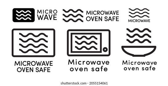 Microwave oven safe icon vector set line style with dish information sign for cooking, suitability of plastic utensils for safe heating. Vector 10 eps