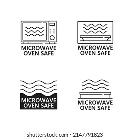 Microwave oven safe icons and signs. Vector electric oven, food cooking and heating containers with electromagnetic radiation waves, symbols of microwave safety for plastic or glass kitchen utensil