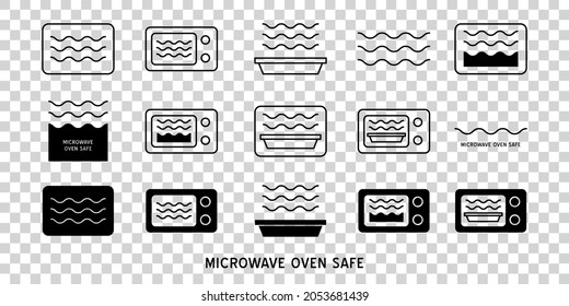 Microwave oven safe vector outline icon. Wave Cooking line logo.  Reheat meal  kitchen pictogram. Instructions for packaging food products. Isolated elements.