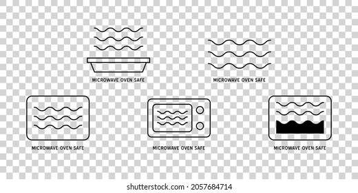 Microwave oven safe vector outline icon. Wave Cooking line logo.  Reheat meal  kitchen pictogram. Instructions for packaging food products. Isolated elements.