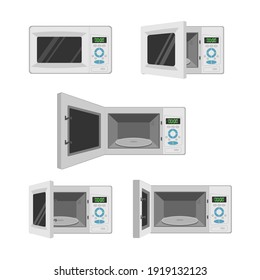 Microwave oven set icons in flat style. Microwave with different door positions. Kitchen appliances isolated on white. Vector.