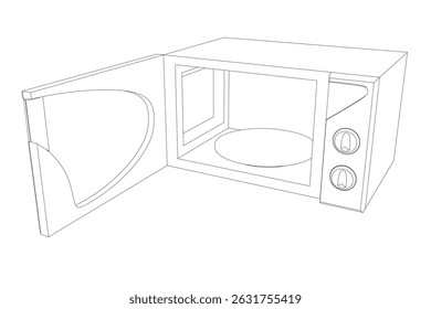 Um forno de micro-ondas é mostrado em preto e branco. O micro-ondas está aberto