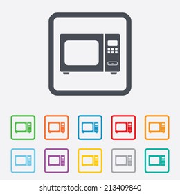 Microwave oven sign icon. Kitchen electric stove symbol. Round squares buttons with frame. Vector