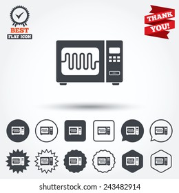 Microwave oven sign icon. Kitchen electric stove symbol. Circle, star, speech bubble and square buttons. Award medal with check mark. Thank you ribbon. Vector