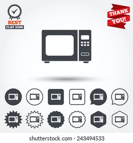 Microwave oven sign icon. Kitchen electric stove symbol. Circle, star, speech bubble and square buttons. Award medal with check mark. Thank you ribbon. Vector