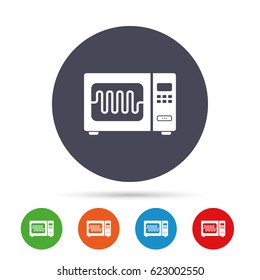 Microwave oven sign icon. Kitchen electric stove symbol. Round colourful buttons with flat icons. Vector