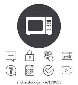 Microwave oven sign icon. Kitchen electric stove symbol. Calendar, Locker and Speech bubble line signs. Video camera, Statistics and Question icons. Vector