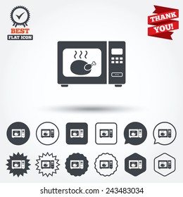 Microwave oven sign icon. Roast chicken. Kitchen electric stove symbol. Circle, star, speech bubble and square buttons. Award medal with check mark. Thank you ribbon. Vector