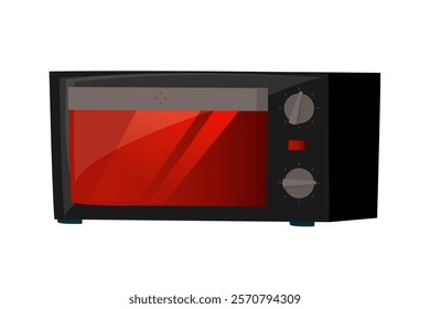 A microwave oven sits on a kitchen countertop, featuring a sleek black exterior and a bright red interior. The appliance's knobs and buttons indicate its user-friendly controls.